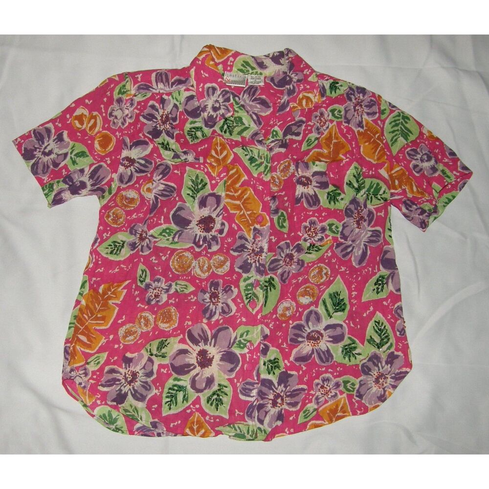 Vintage Bright Multicolored Floral Embellished Sz Medium Petite Button Up Shirt